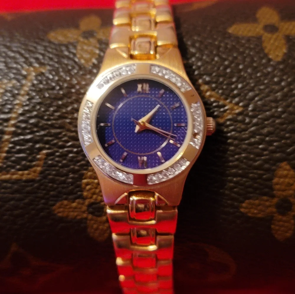 Christian Benet Goldtone Ladies Watch With‎ Blue Face & Crystals Wristwatch